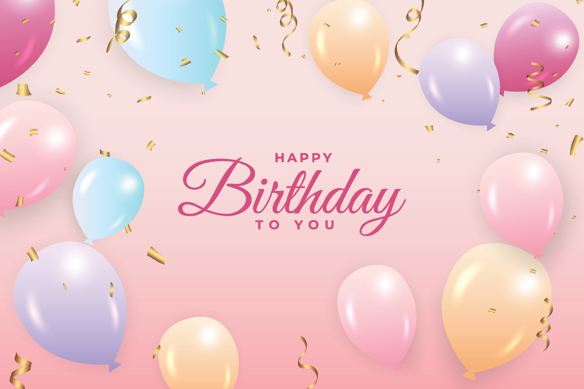 Happy birthday with pink background and gold confetti. Birthday background  with colorful balloons. Happy birthday banner with pink calligraphy and  blue, pink, green, red balloons social media post. 4653899 Vector Art at