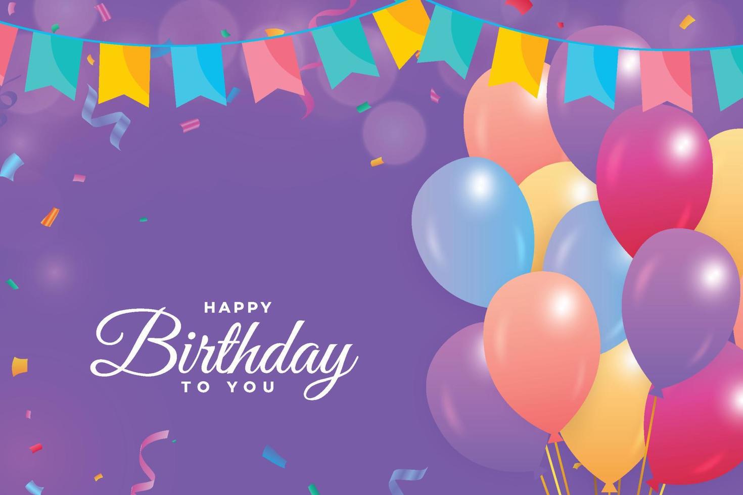 feliz cumpleaños fondo morado con confeti de colores. feliz cumpleaños con globos de colores. banner de celebración de cumpleaños, globos realistas, confeti de colores, fondo de cumpleaños. vector