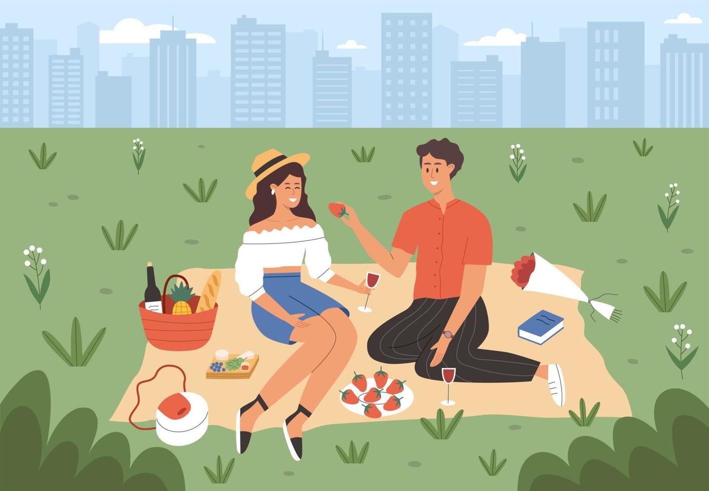 pareja tiene un picnic romántico en el parque de la ciudad vector