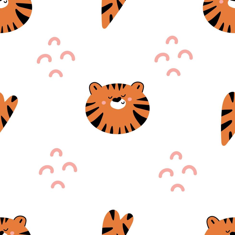 Seamless pattern of cute tiger head and hearts on white background. Nursery print design. Symbol of New Year 2022. vector