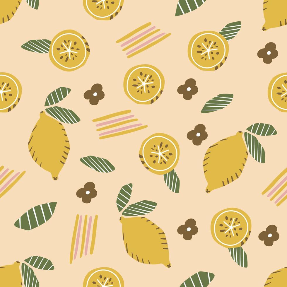 Seamless pattern of hand drawn lemon, citrus fruit. Flat modern background. vector
