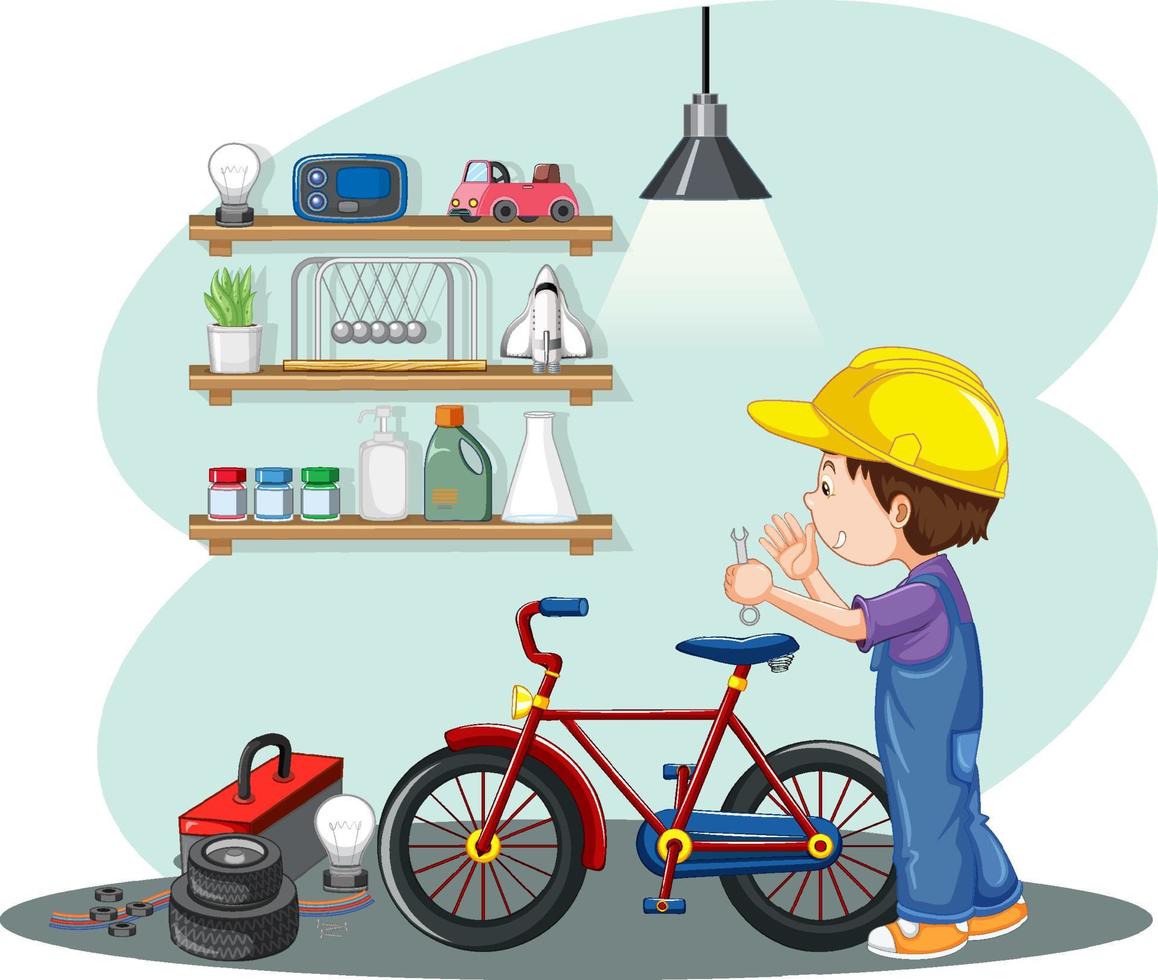 Young boy fixing a bicycle together vector