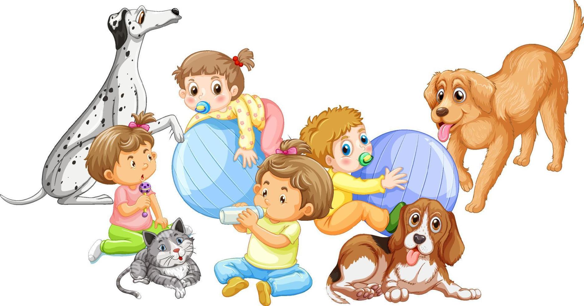 Lindo grupo de bebés y perros sobre fondo blanco. vector