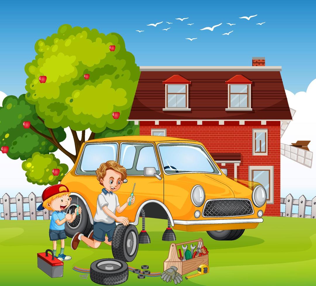 Outdoor scene with dad and son fixing a car together vector