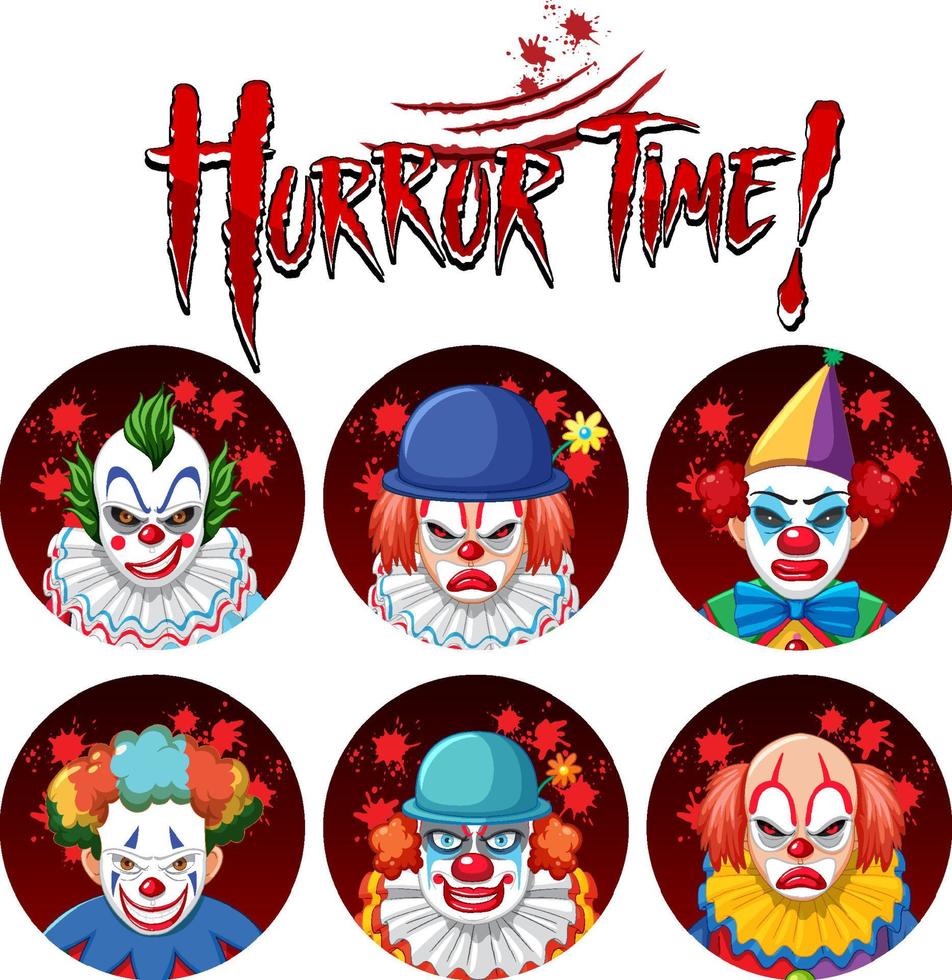 Horror time with different creepy clown characters vector