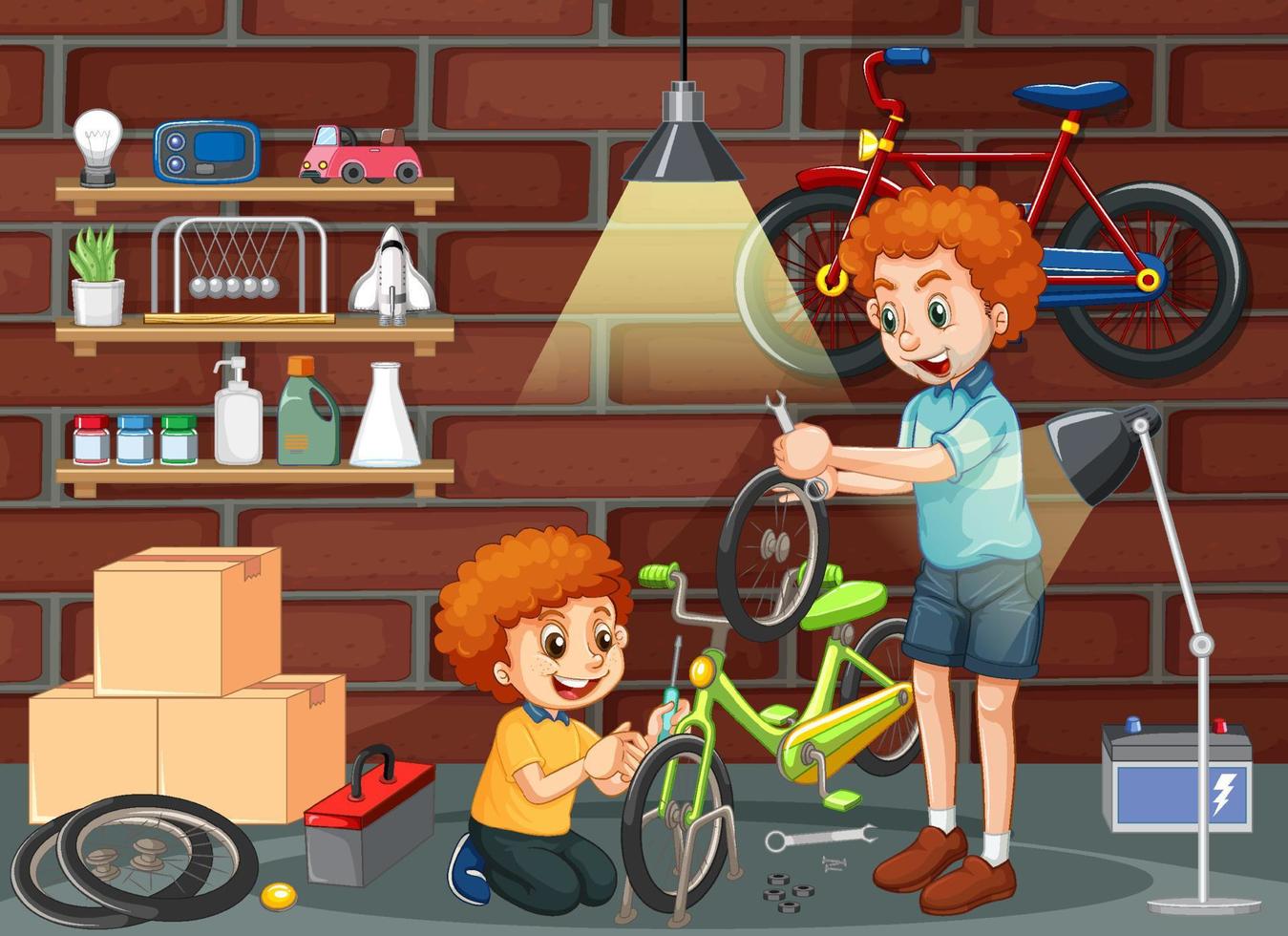Dad and son fixing a bicycle together in the room scene vector