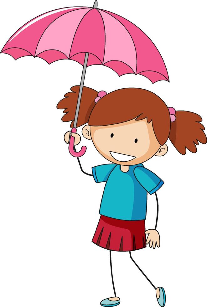 Cute girl holding umbrella doodle cartoon character isolated vector