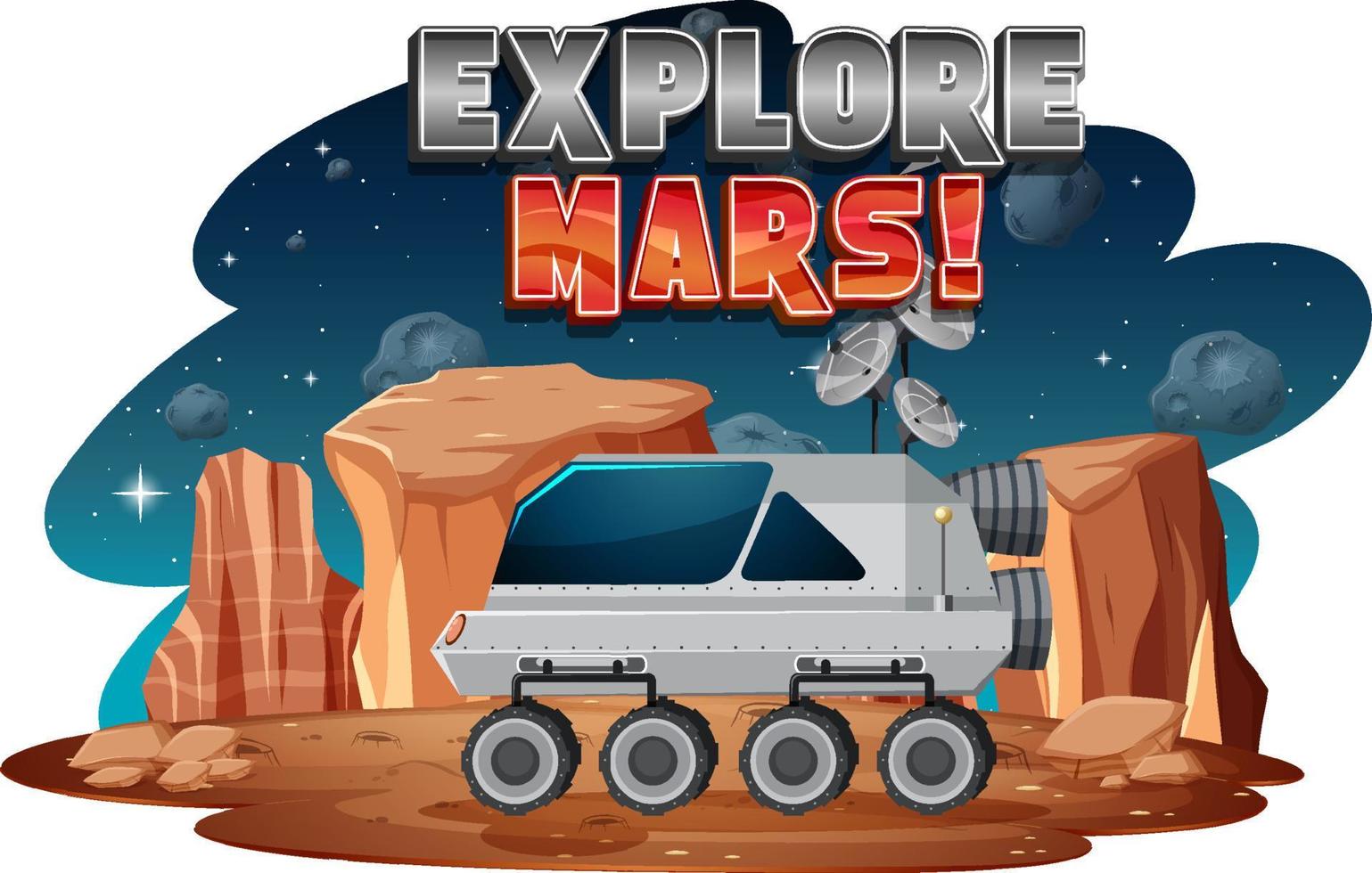 Explore Mars word logo design with space station vector