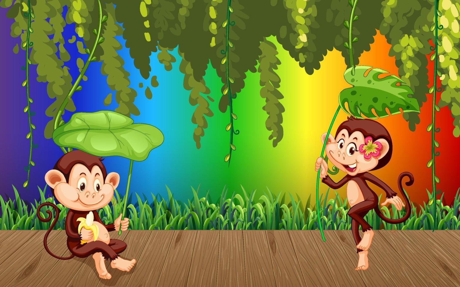Monkey in the forest on gradient rainbow background vector