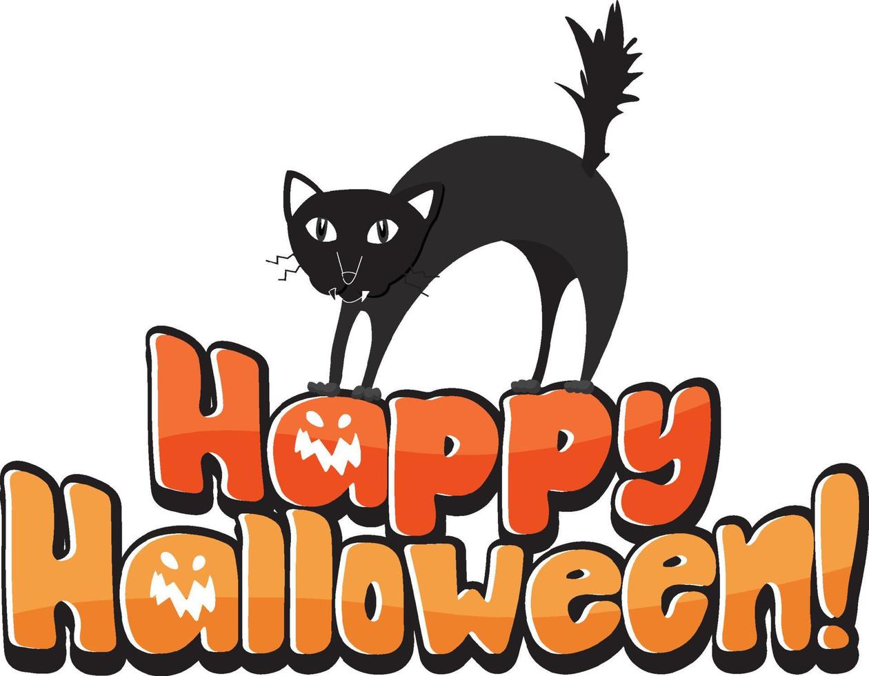 feliz halloween palabra con banner de gato negro vector