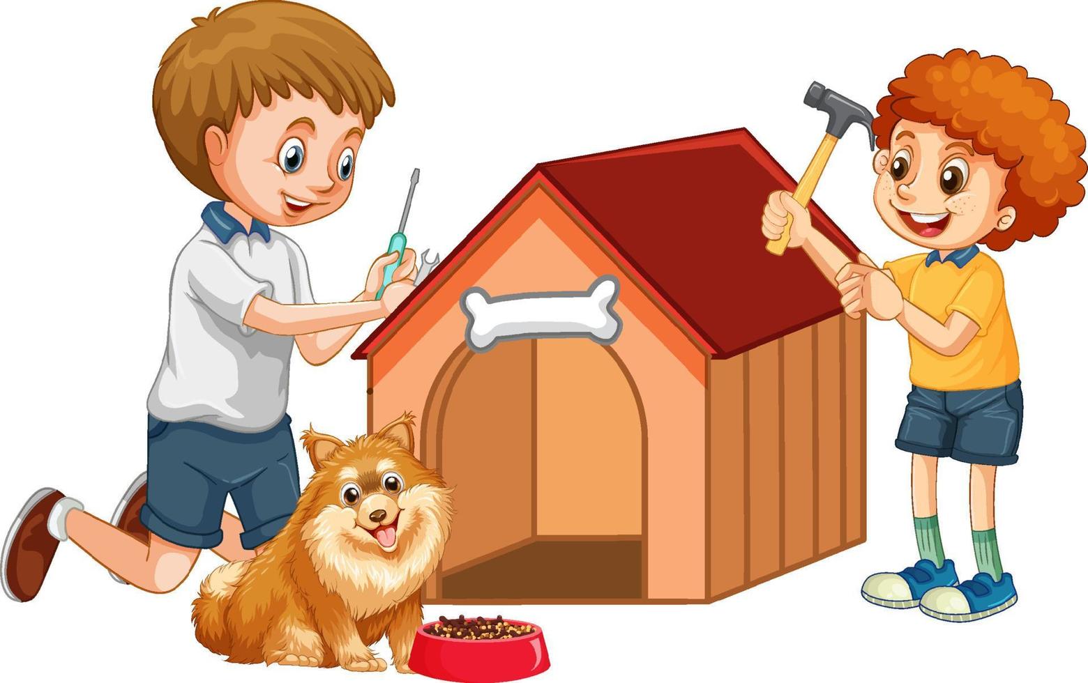 Dad and son building a doghouse together vector