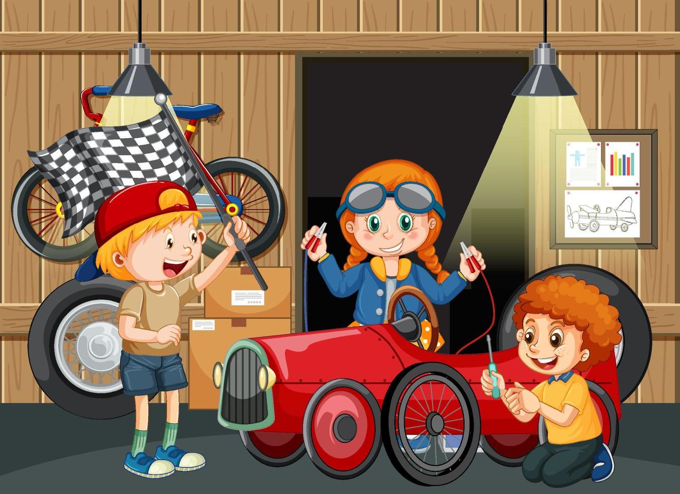 Garage scene with children fixing a car together vector