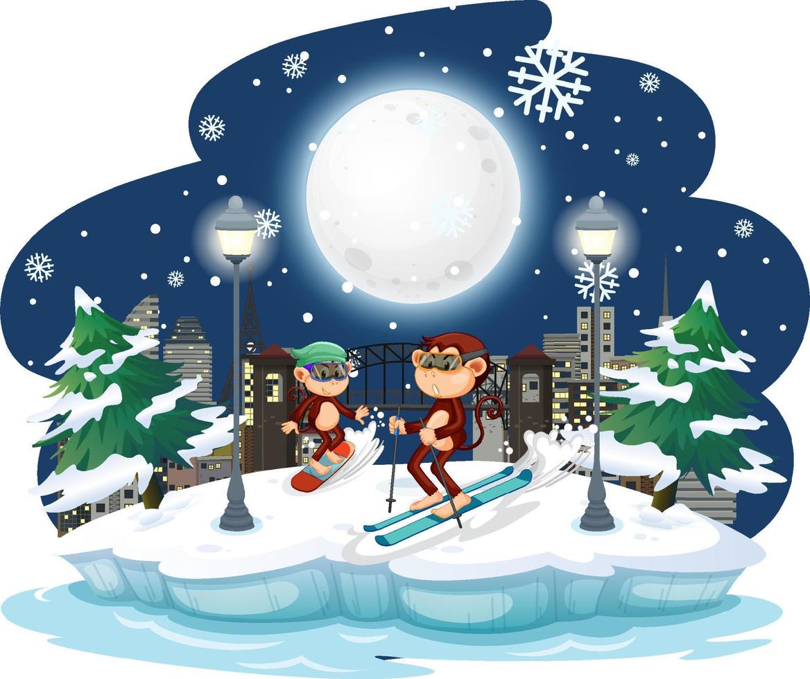 Monkey skiing in the snow at night scene vector