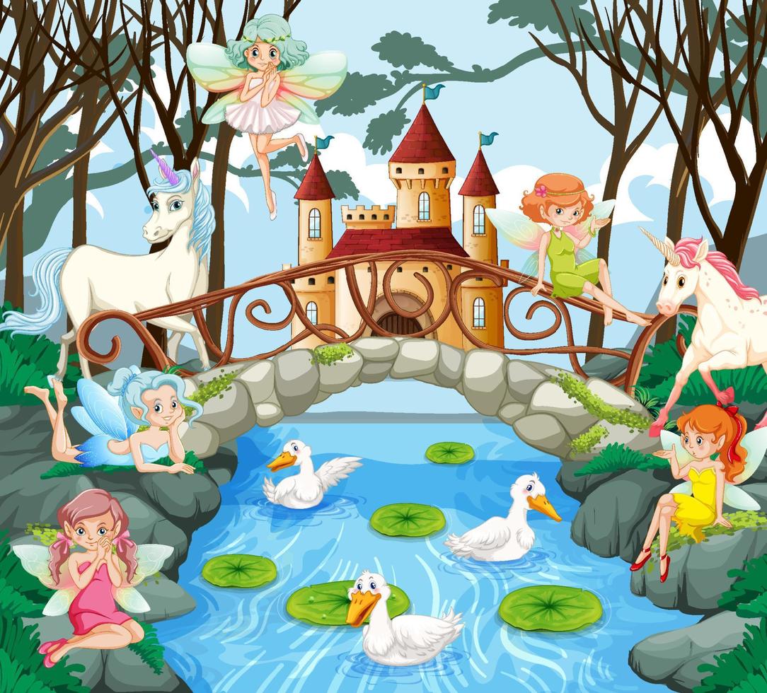 Fantasy forest with cute fairies vector