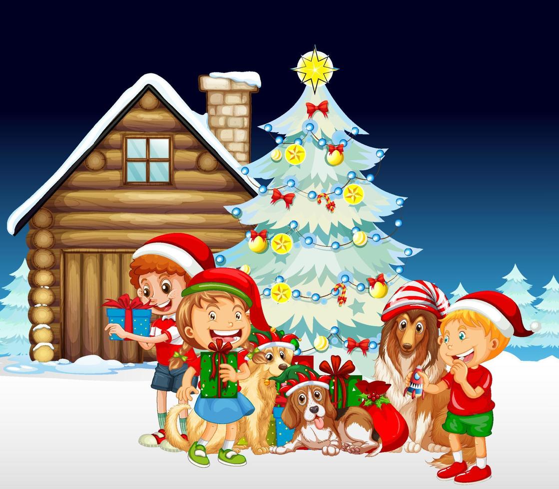 Children with dogs in Christmas theme vector