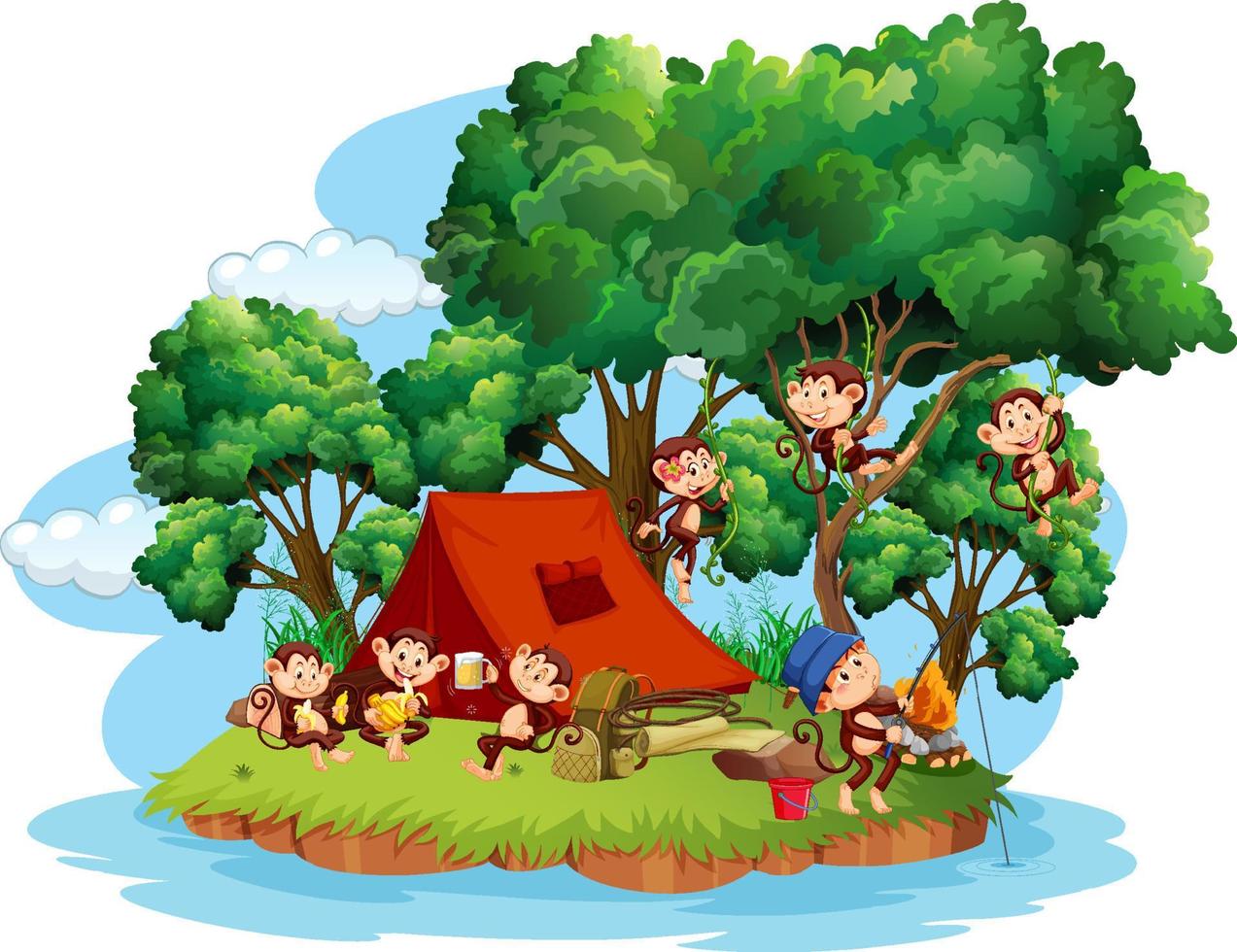 Isolated island with many monkeys cartoon vector