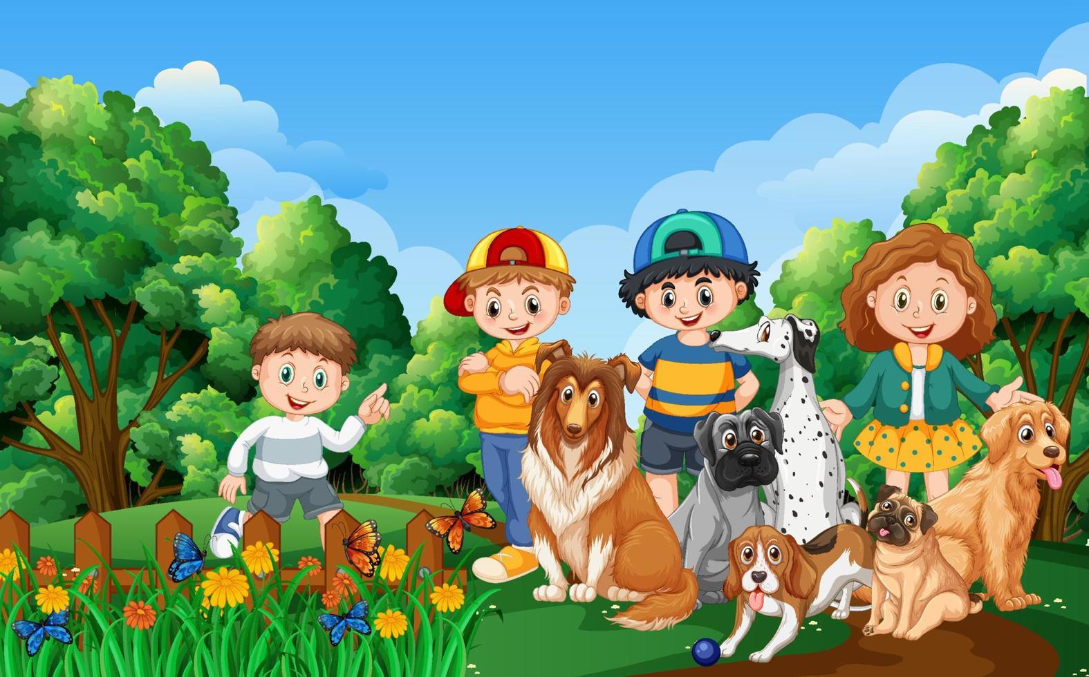 Park scene with children playing with their animals vector