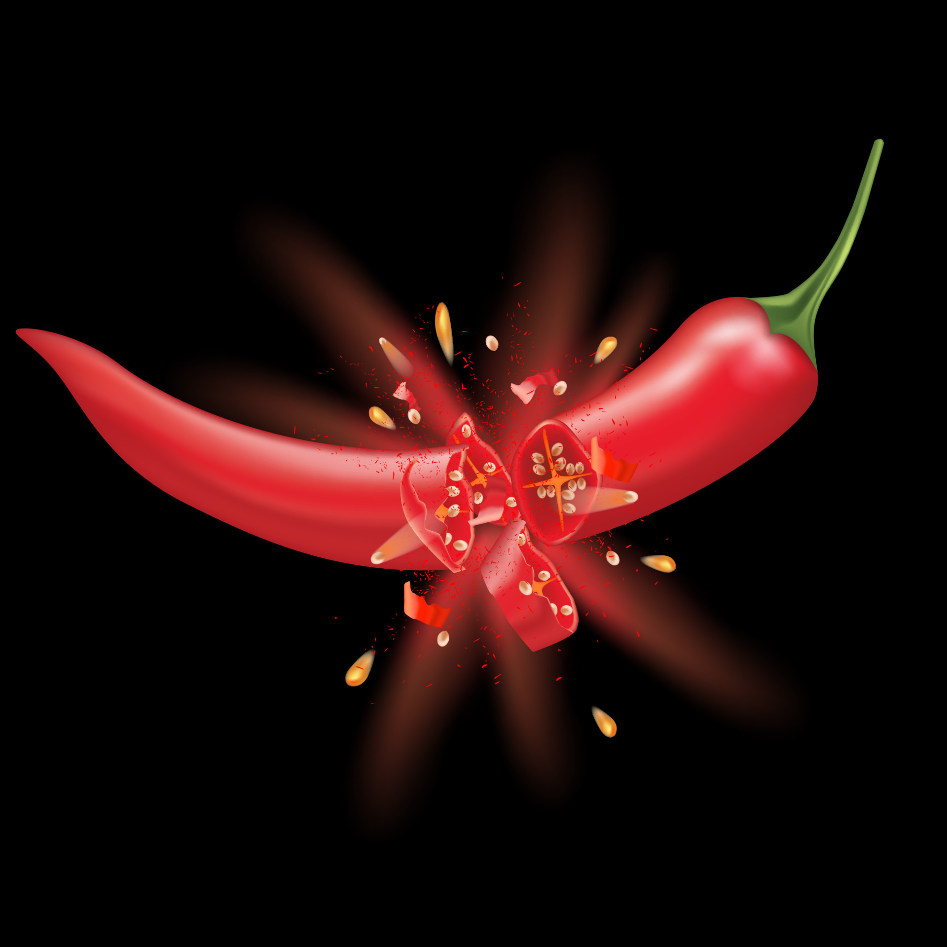 Red Peppers splashing explosion, Chili isolated on black background