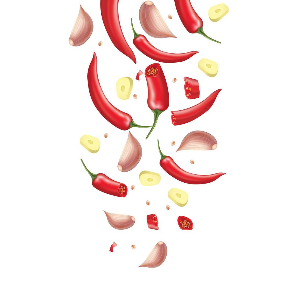 chiles rojos y salpicaduras de ajo aisladas sobre fondo blanco. ilustración vectorial 3d. vector