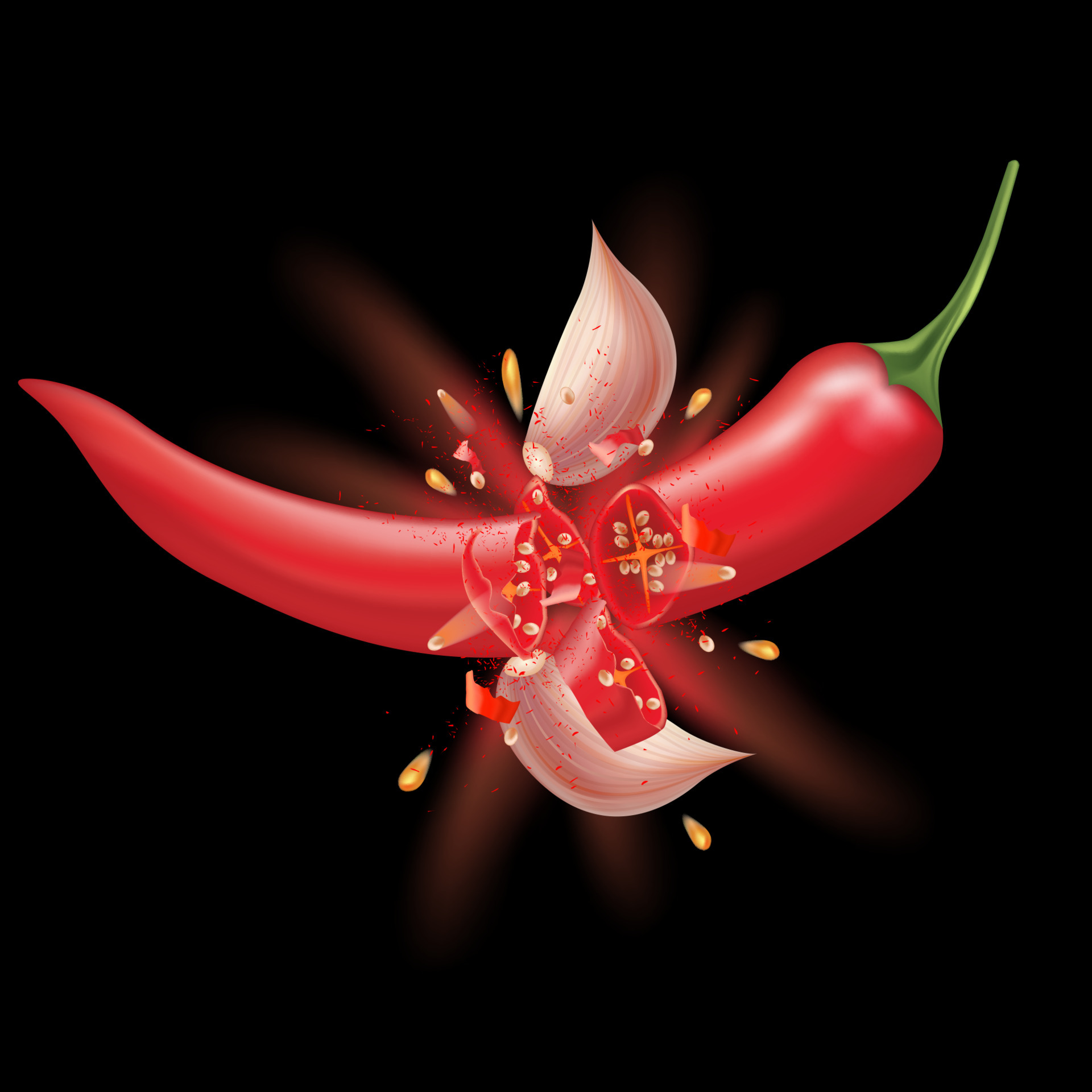 Red chili peppers and garlic splashing isolated on black background