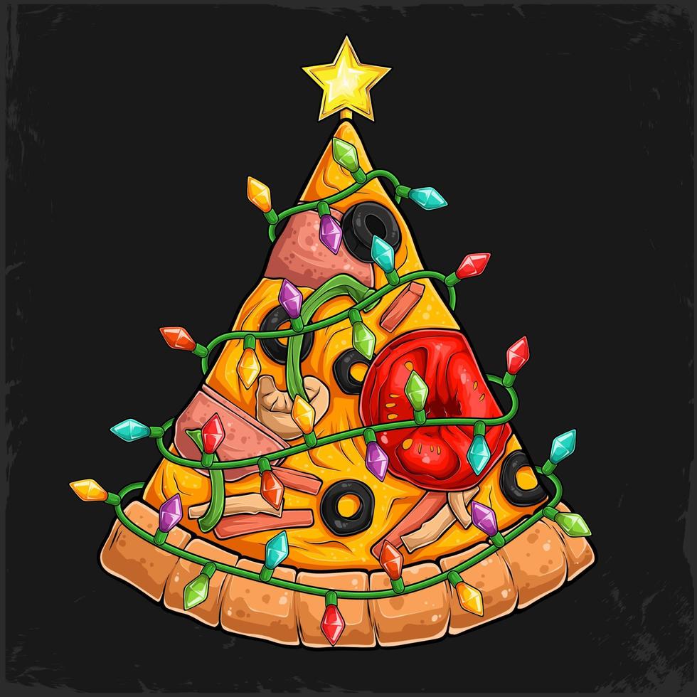 Christmas pizza tree Delectable slice of pizza surrounded by Christmas tree lights vector