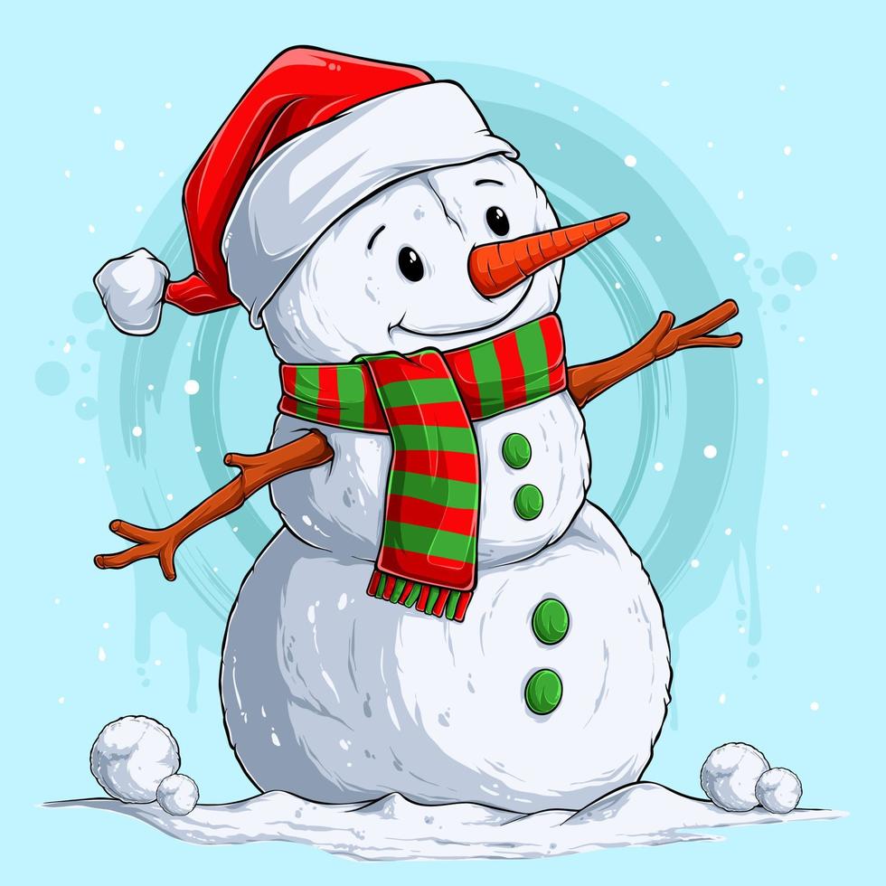feliz navidad muñeco de nieve personaje con gorro de santa claus y bufanda vector