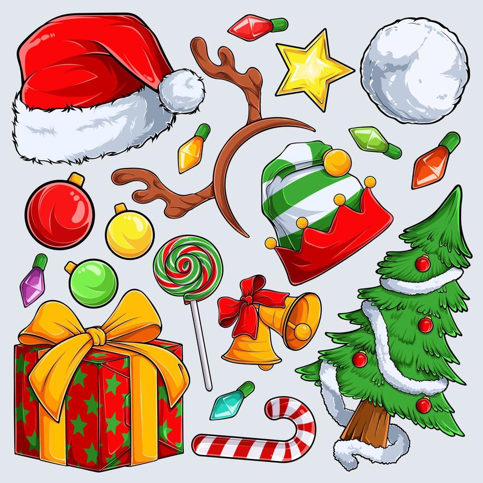 Colorful Christmas elements collection Santa Claus hat antlers tree gifts and candies vector