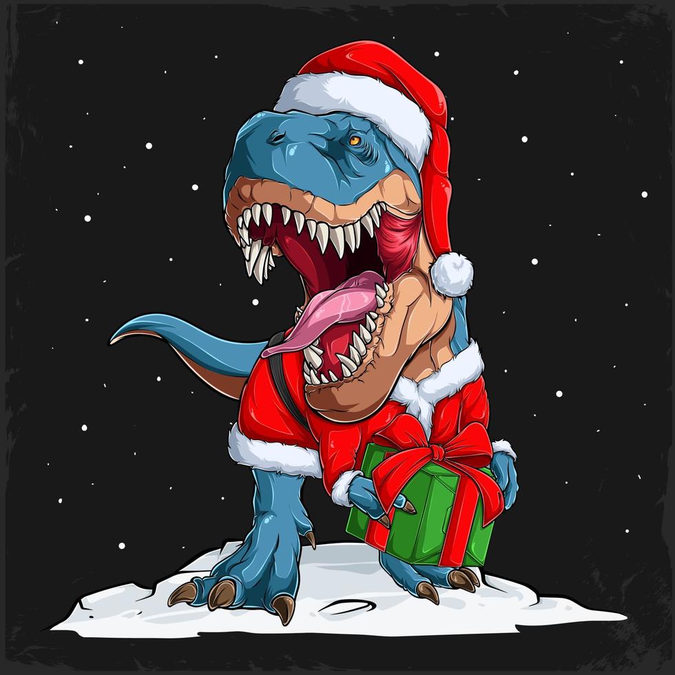 Scary Santa dinosaur trex wearing Christmas Santa Claus suit and holding a gift vector