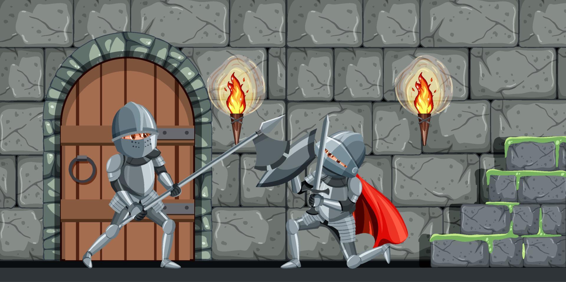 Scene with two medieval knights fighting vector