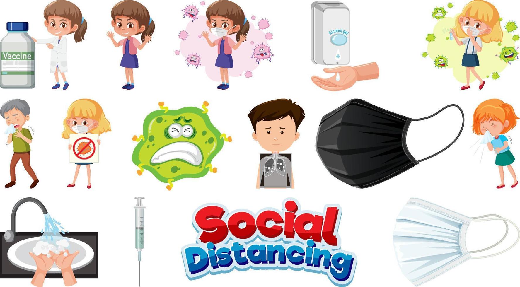 Cartoon character and Coronavirus vaccination isolated objects vector