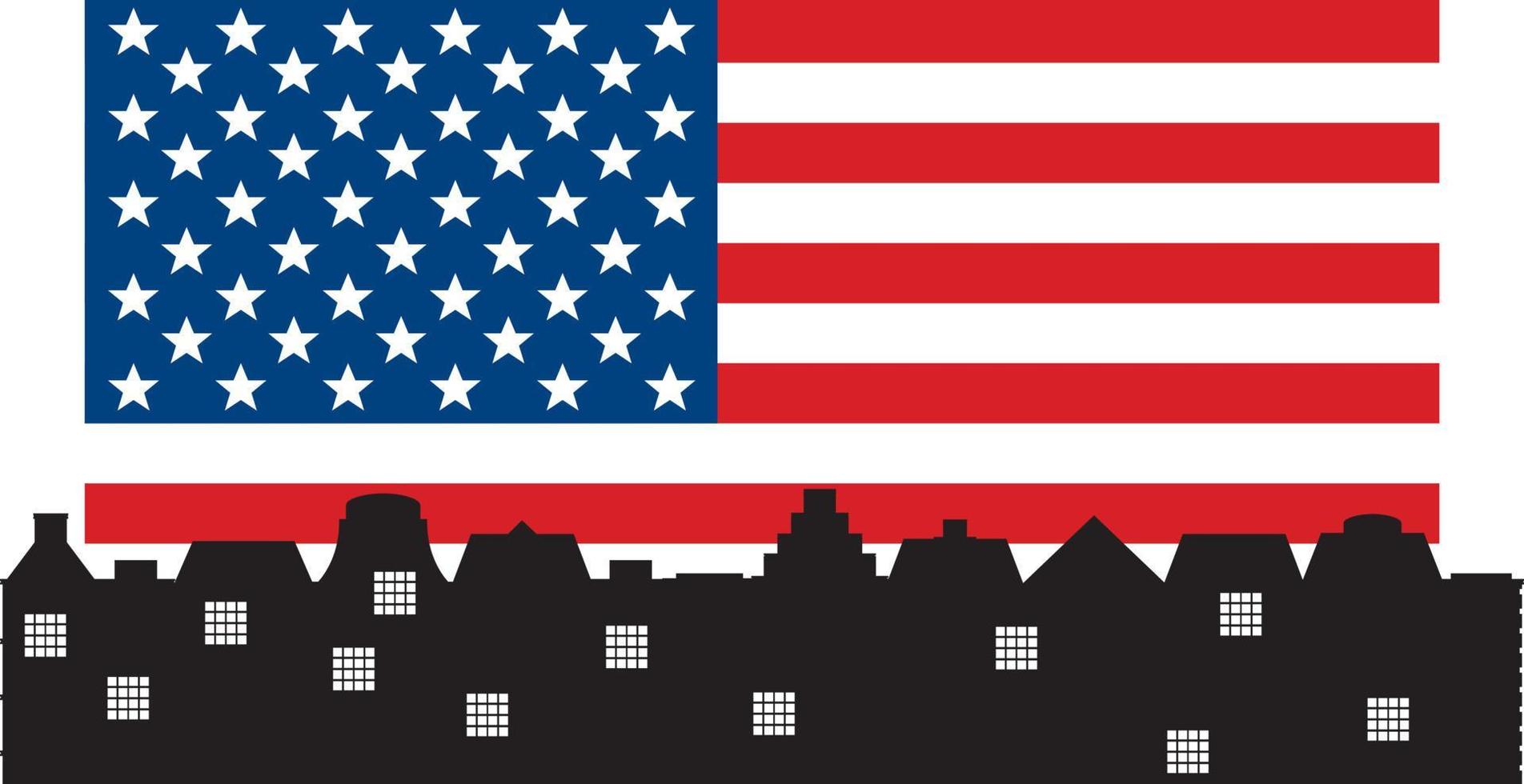Flag of the United States with silhouette city vector