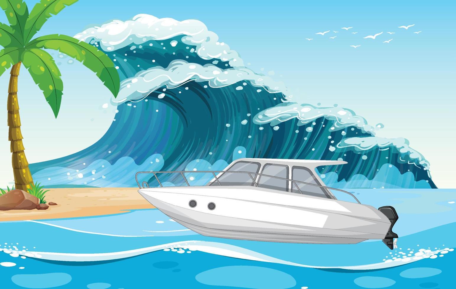 Beach scene with speed boat on sea wave vector