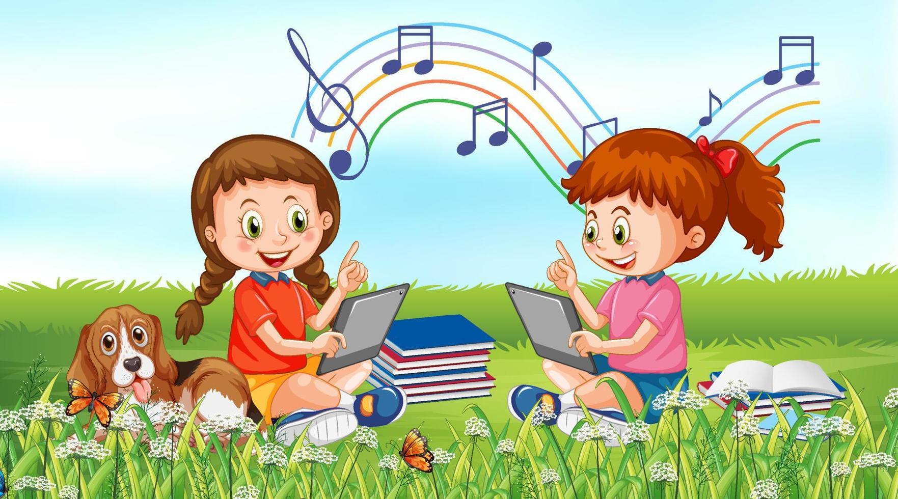 Park scene with children using technology devices vector