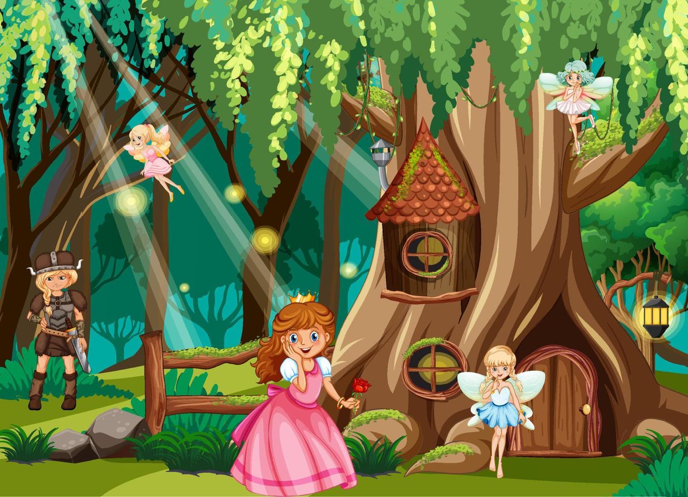 Fantasy forest with cute fairies vector