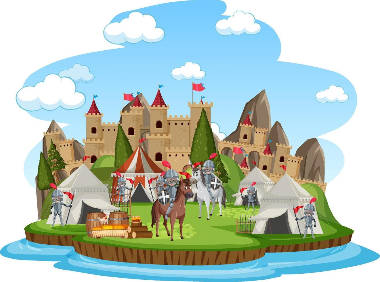 Campamento medieval militar sobre fondo blanco. vector