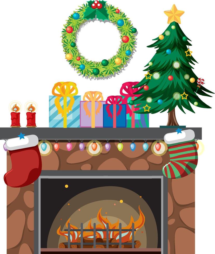 Chimenea con objetos decorativos en tema navideño. vector