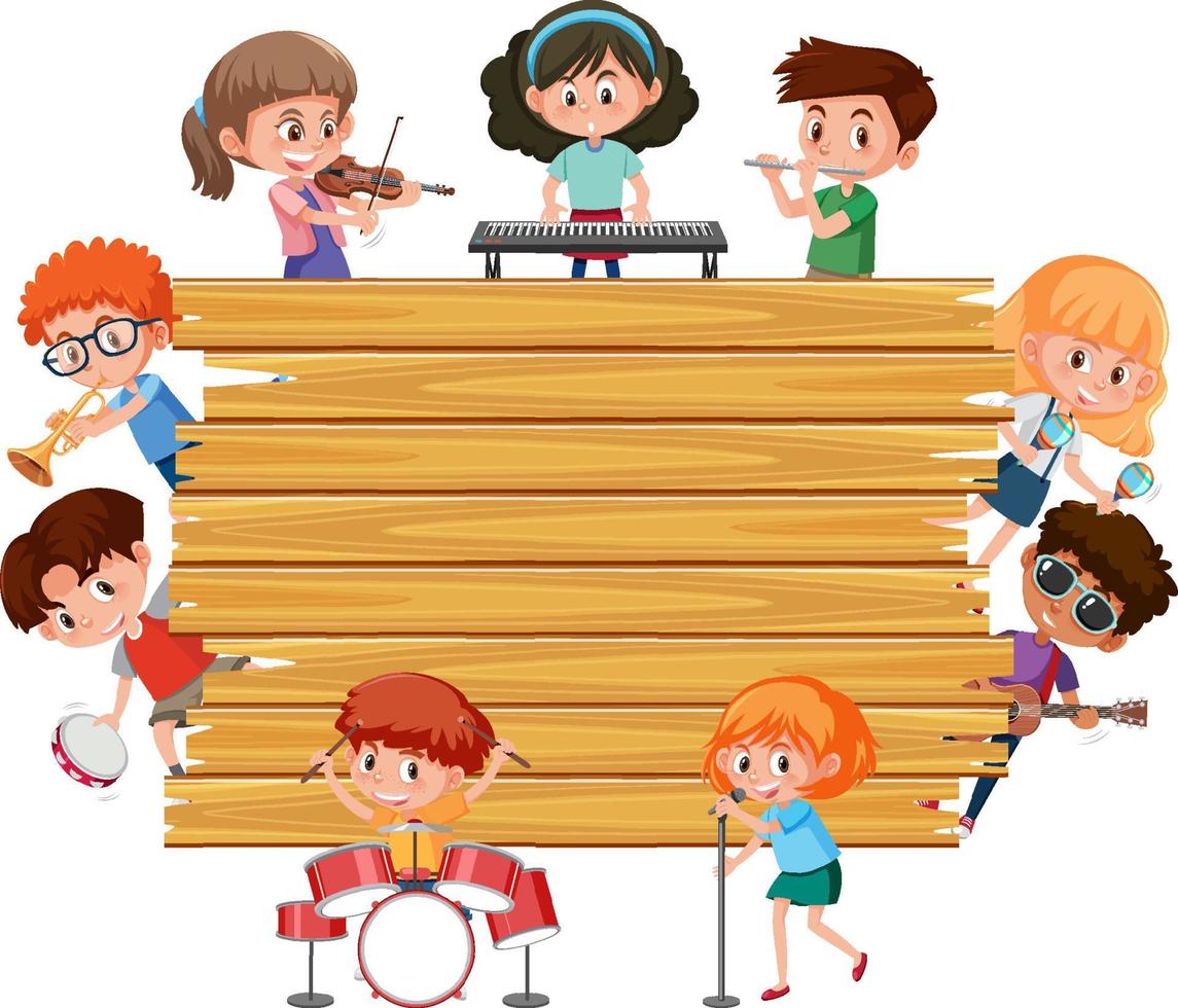 Empty wooden board with kids playing different musical instruments vector