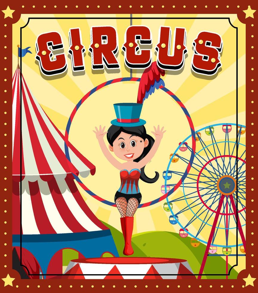 Diseño de banner de circo con gimnasta aérea en anillo. vector