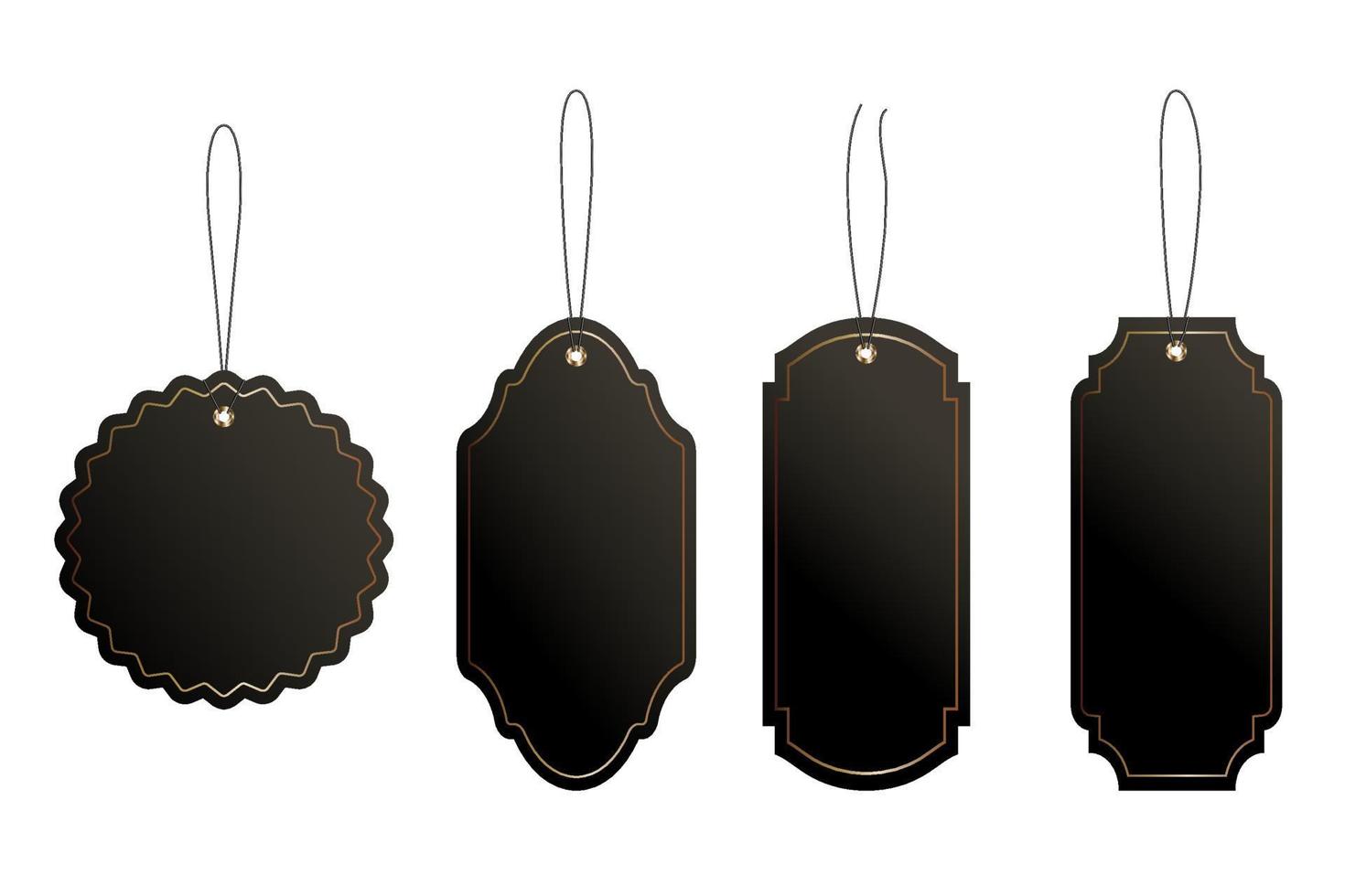 Set of black price or luggage tags of vintage shapes with rope. vector