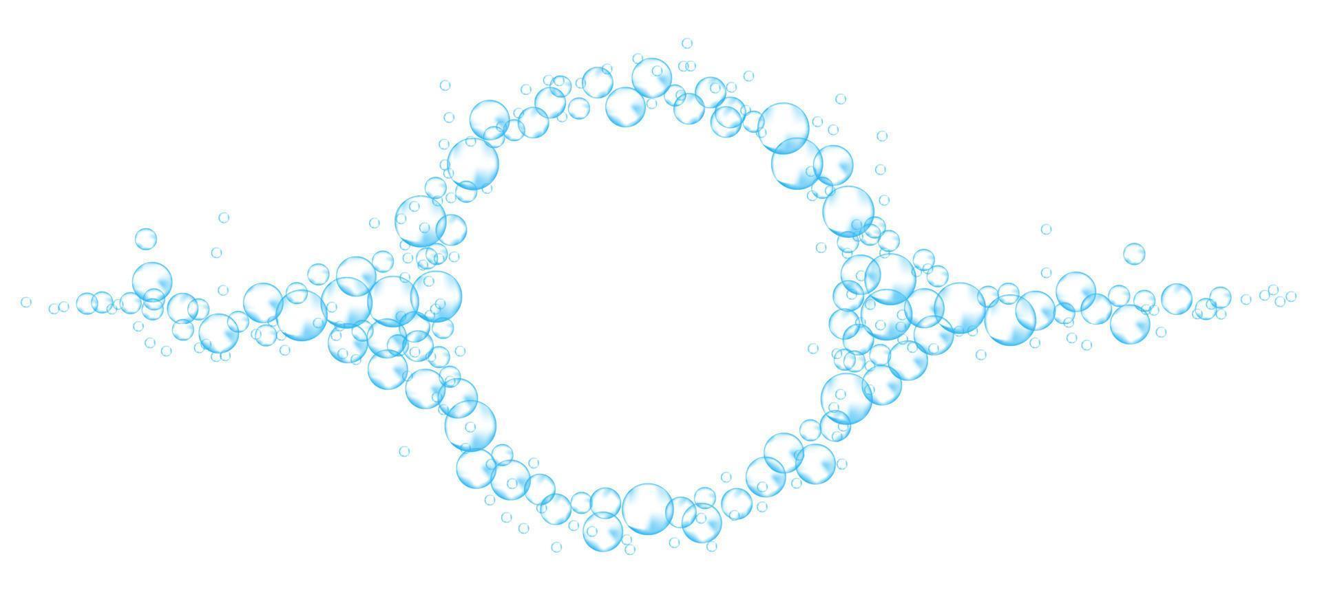 Effervescent soap bubbles frame. Blue foam suds isolated on white background. Realistic vector illustration.