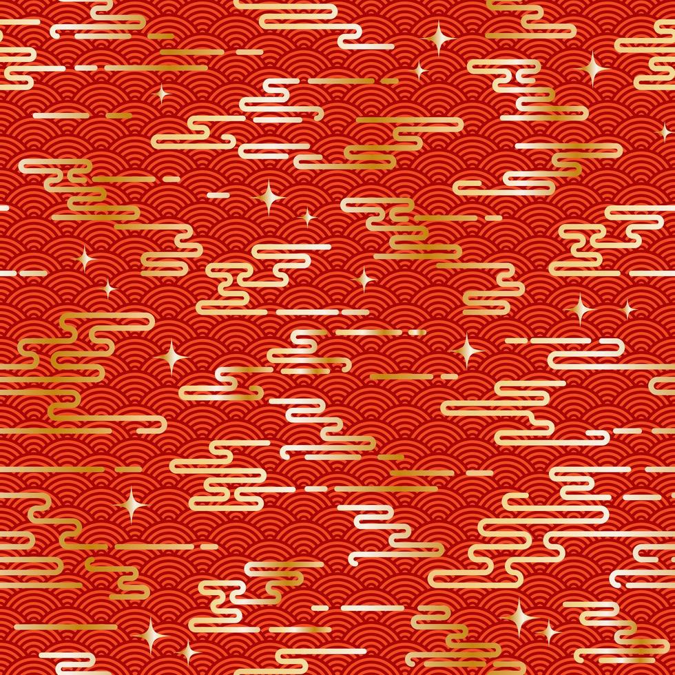 Chinese vintage cloud seamless pattern. Red background with golden sky and stars. Traditional oriental ornament. Vector