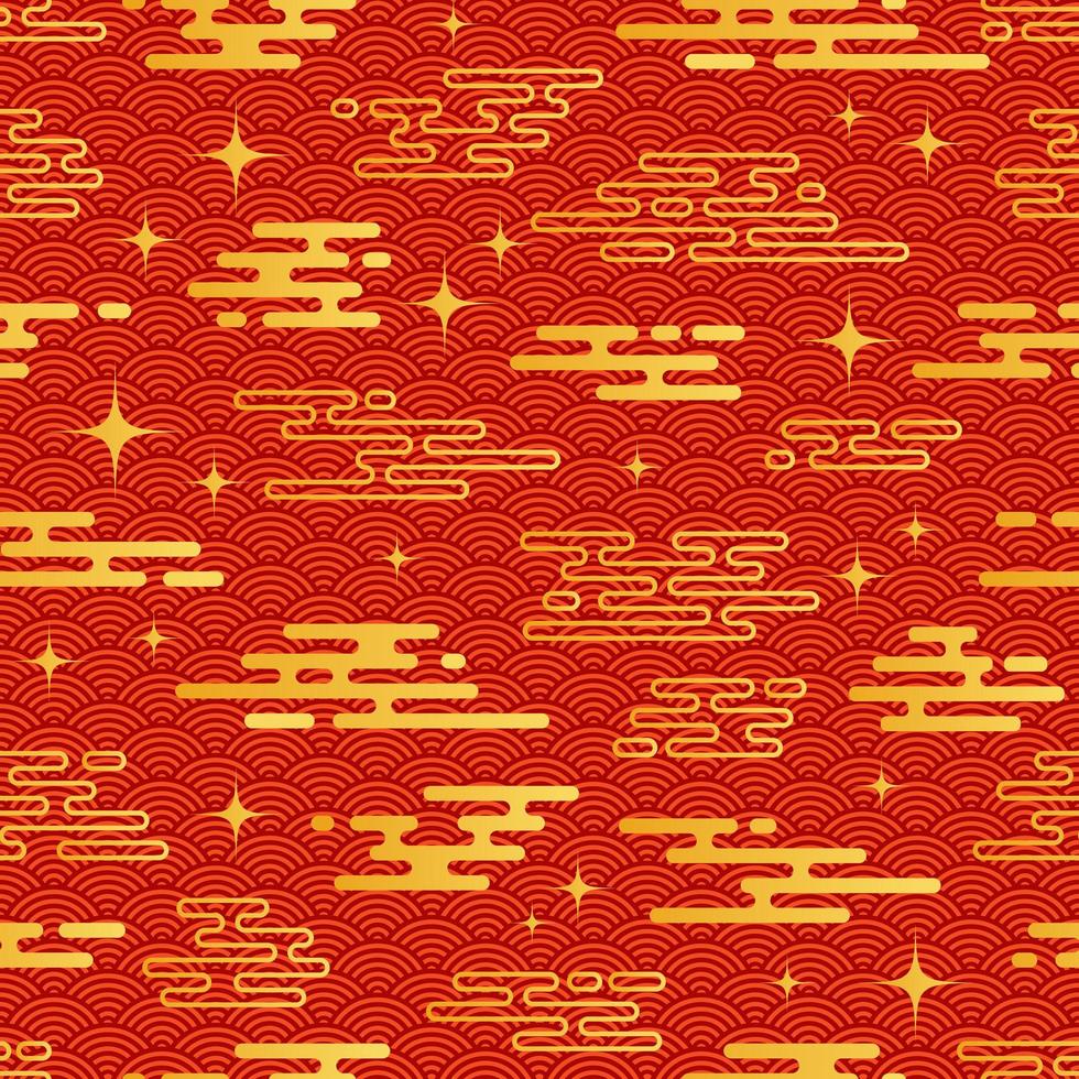 Chinese vintage cloud seamless pattern. Red background with golden sky and stars. Traditional oriental ornament. Vector