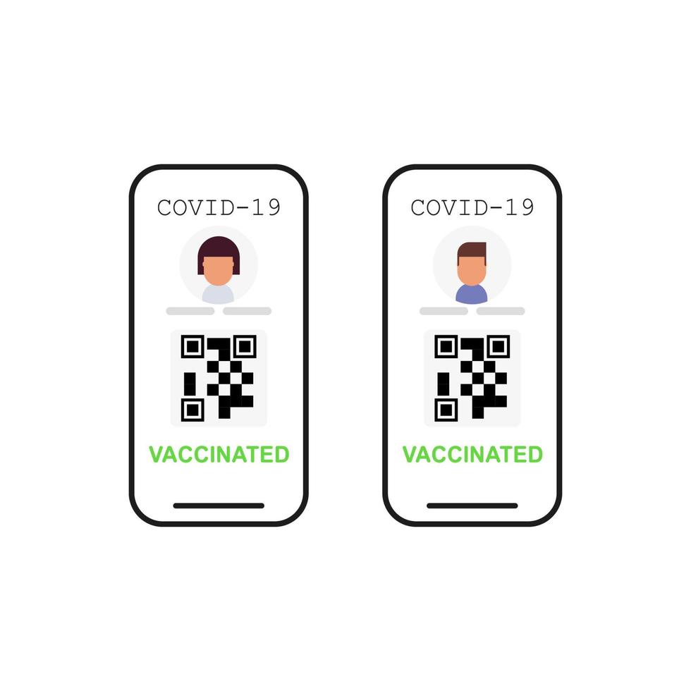 Young man and woman in smartphone with QR code on screen. Vaccinated vector