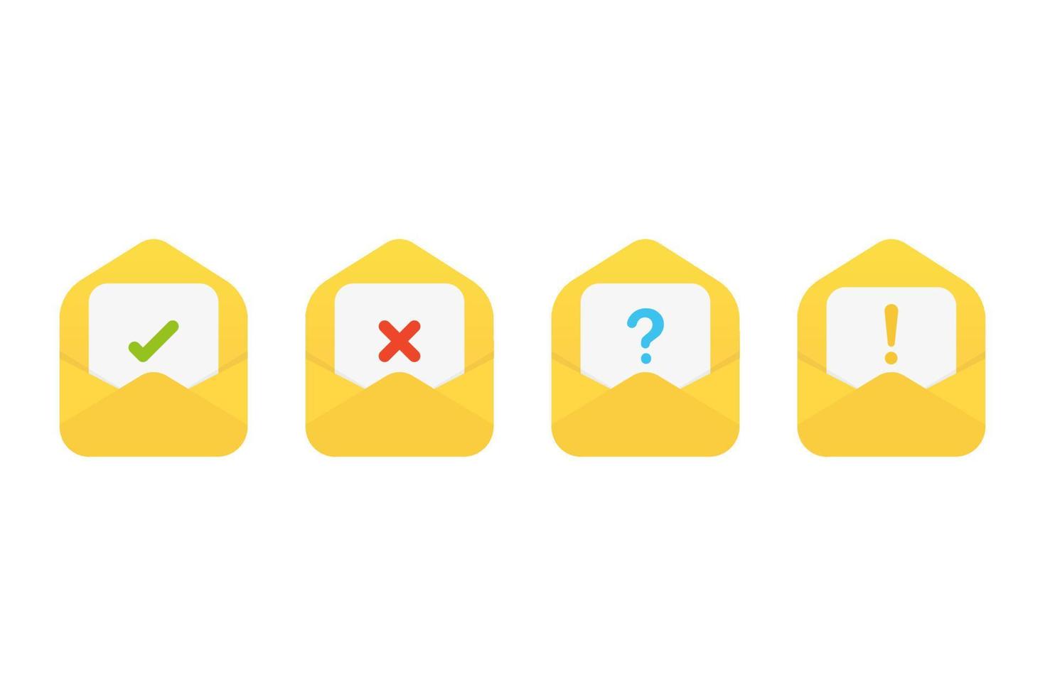 Set of email message envelope Check mark, cross mark, question mark and exclamation mark. Vector in flat design