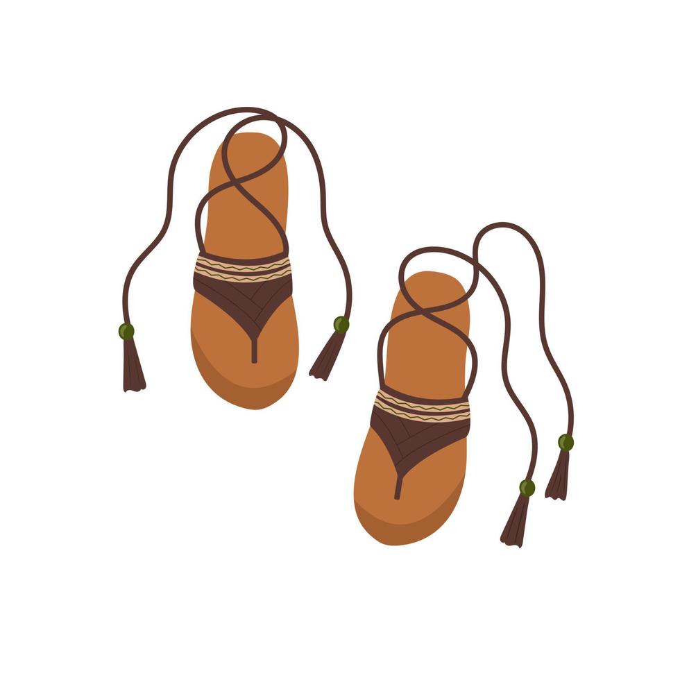 Brown women's sandals with jewelry and lace-up beads in boho style on a white background vector