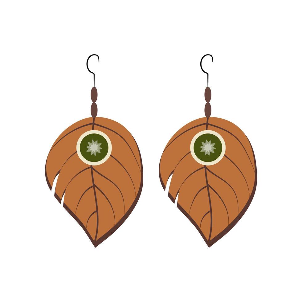 Feather earrings with a green stone in boho style on a white background vector