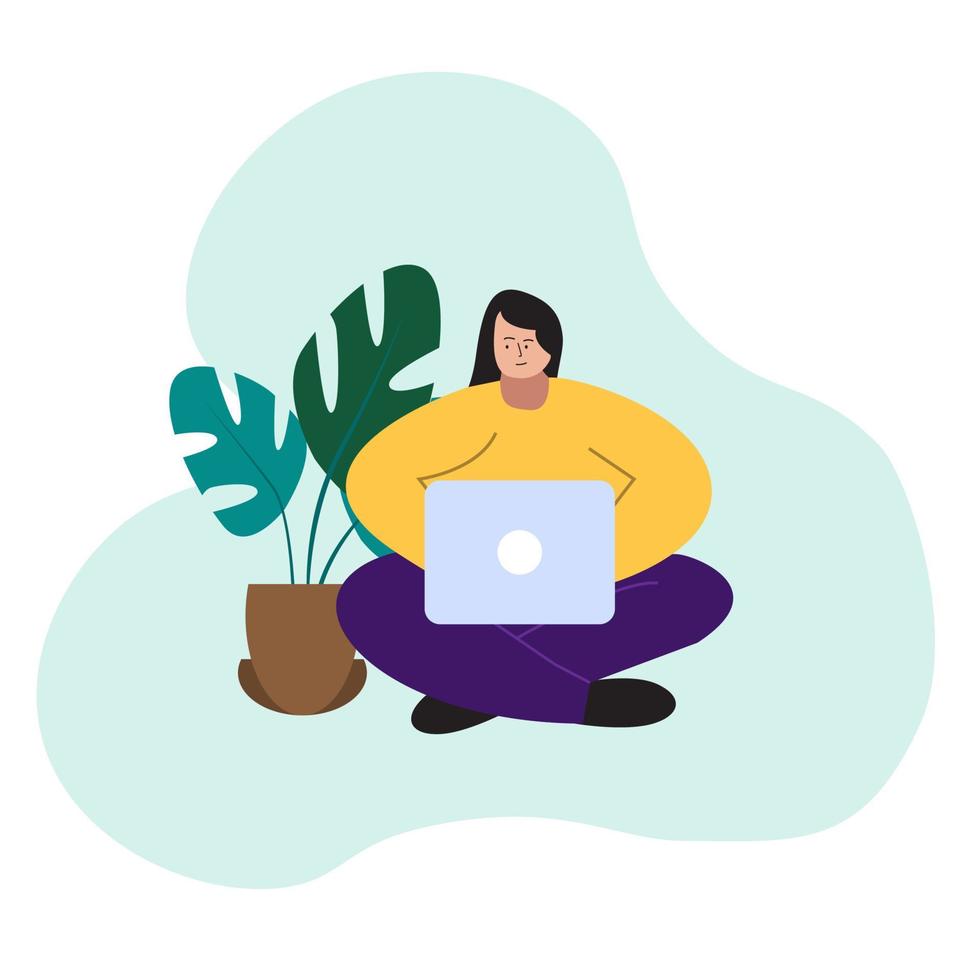 woman working on laptop. Online study, independent women, work from home concept vector