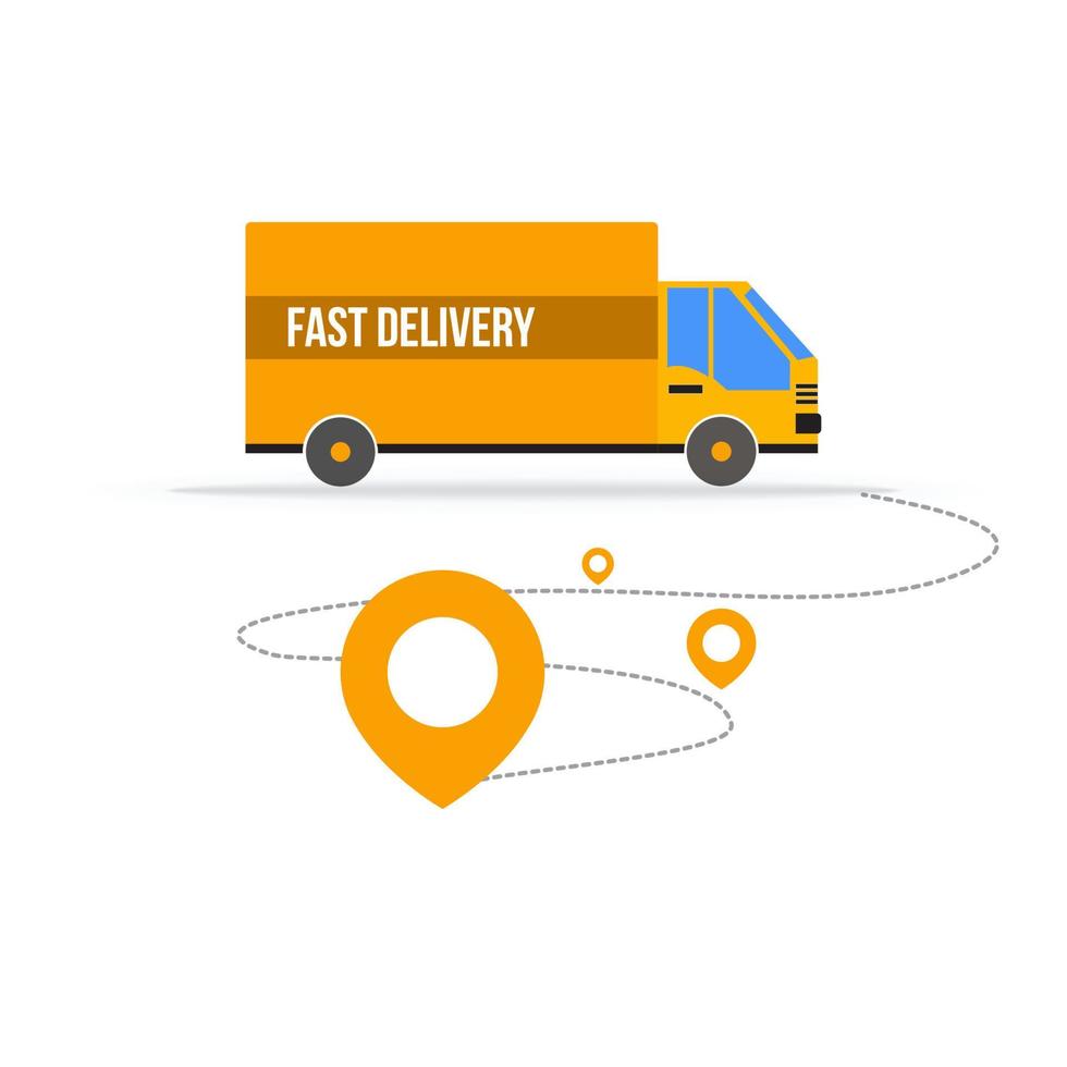 servicio de entrega rápida de camiones de reparto. servicio de entrega de correo, mensajería rápida. entrega en concepto de ubicación vector