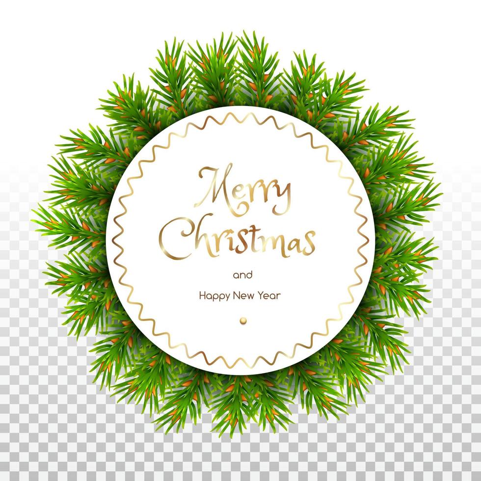 Christmas round card with frame with fir branches. New Year's mockup for cards, banners, invitations and posters. Isolated on a transparent background. Vector illustration.