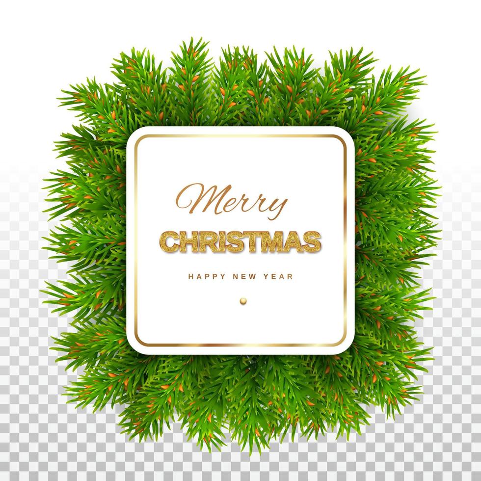 Christmas square card with frame with fir branches. New Year's mockup for cards, banners, invitations, and posters. Isolated on transparent background. Vector illustration.